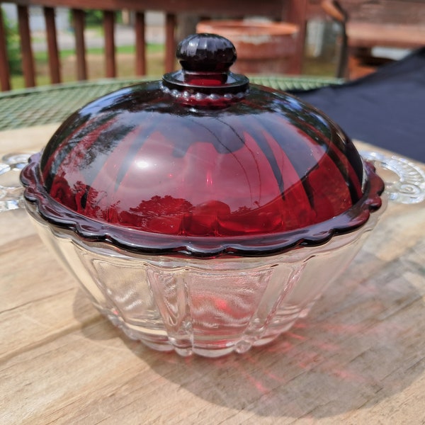 Anchor Hocking Glass Old Cafe Clear Candy Jar or Bowl with Royal Ruby Lid