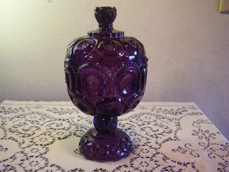 L E Smith Glass Moon and Stars Amethyst 8 inch Compote and Lid Etsy