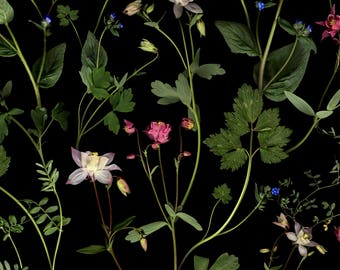 Dark botanical floral fabric for upholstery, soft furnishing, curtains and craft