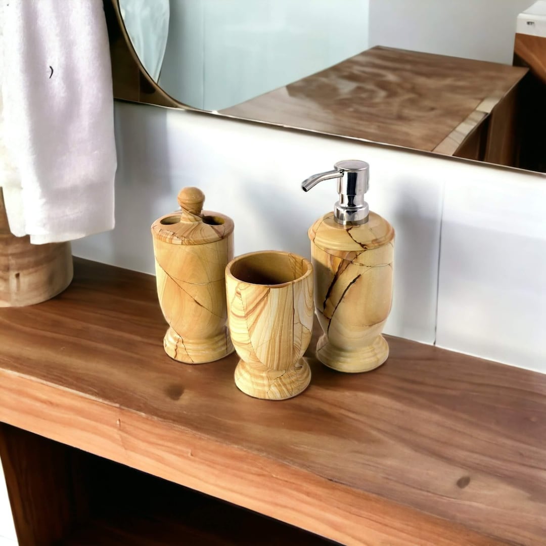 3piece Bathroom Accessory Set Teak Marble Etsy