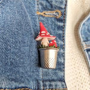 Red Mushroom Lapel Pin | Thimble and Polymer Clay Brooch