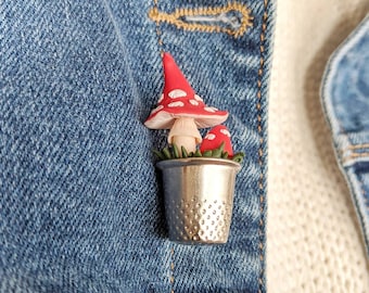 Red Mushroom Lapel Pin | Thimble and Polymer Clay Brooch