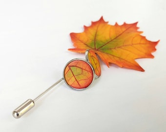 Puede incluir: Pin de solapa plateado con dos acentos circulares con temática de hojas. El diseño del pin presenta un vibrante patrón de hojas naranja y amarillo, complementado con una hoja a juego. El fondo es blanco brillante.