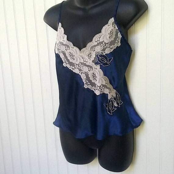 1980s Victoria's Secret blue satin lace camisole, sz … - Gem