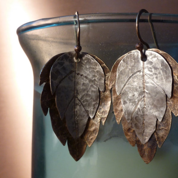 Silver and Brass Hammered Leaf Earrings