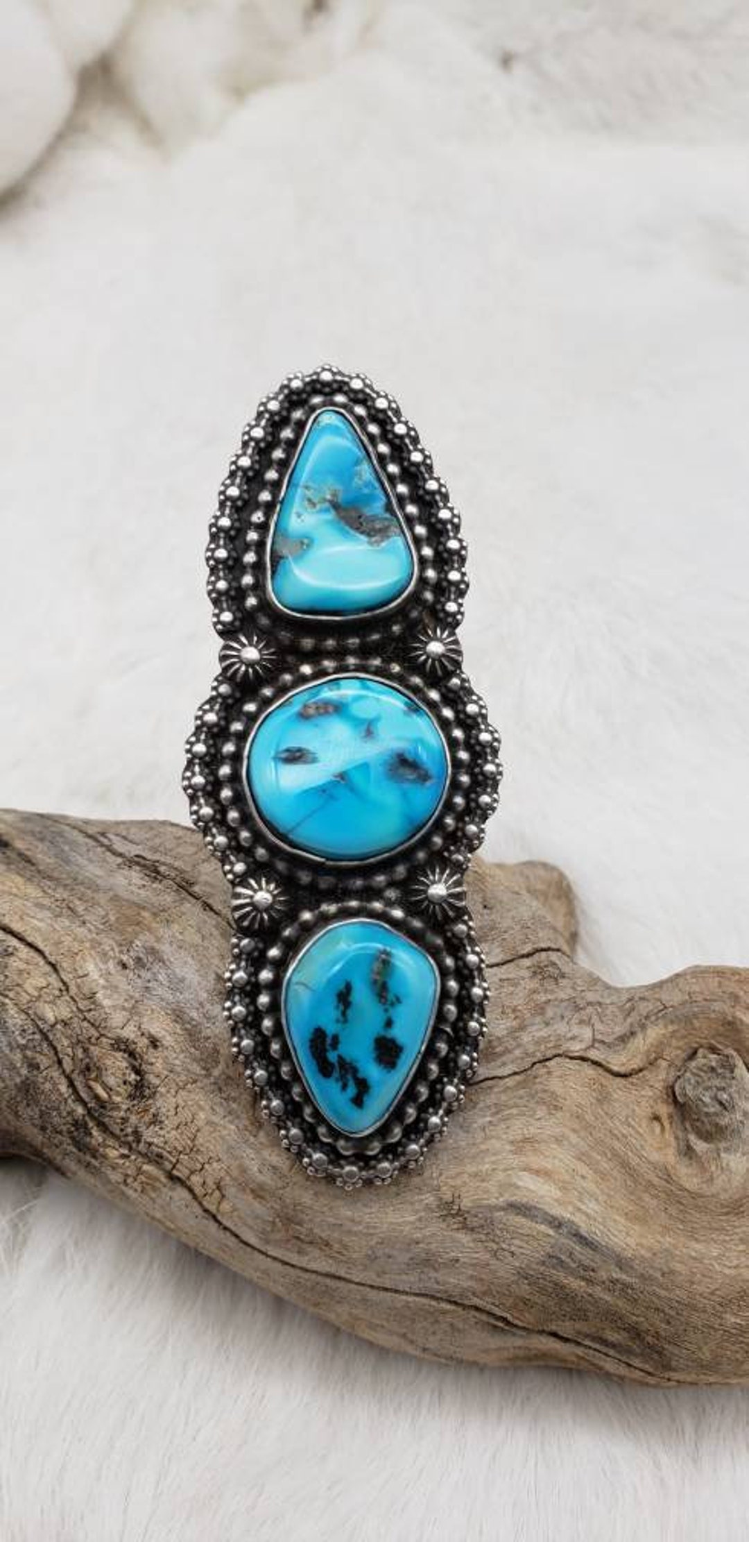 Beautiful Long 3 Stone Kingman Turquoise Ring - Etsy