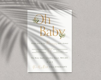 ベビーシャワー「Oh Baby」ボタニカルと金箔のデジタル招待状