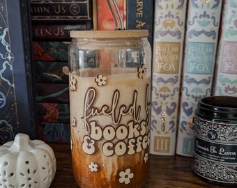 Fueled by books and coffee glass can jar with bamboo lid and straw | book and coffee lovers | iced coffee