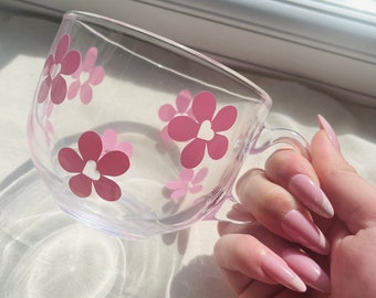 Pink Heart Flowers Glass Coffee Mug