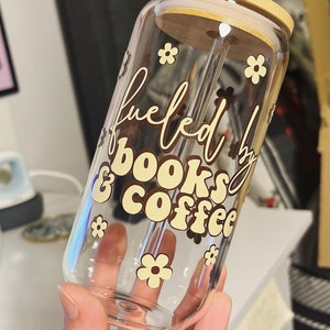 Fueled by books and coffee glass can jar with bamboo lid and straw | book and coffee lovers | iced coffee