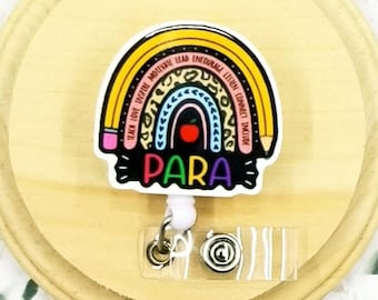 pencil rainbow para badge reel, paraprofessional badge clip retractable ID badge holder for teachers, teach love inspire para gifts, parapro