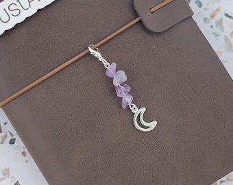 amethyst gemstone journal charms with clasp, witchy gifts for her, silver moon charms for journal, travelers notebook charms, crown chakra