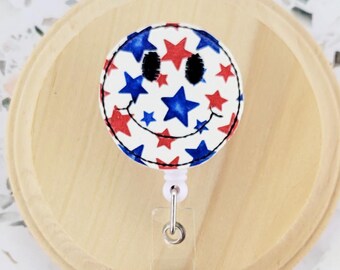 patriotic smiley face badge clip retractable, 4th of July badge reel for holidays, red white and blue happy face nurse accessories for work