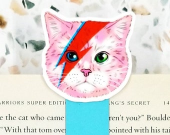 bowie cat bookmark for women, pop culture merch, cute cat gifts for cat lovers, ziggy musician gifts for him, cute magnetic bookmarks