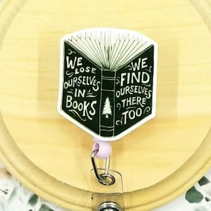 we lose ourselves in books librarian badge reel for professors, bookish baddie inspirational badge clips for teachers, English teacher gifts