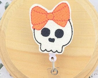 girly skull badge reel cute Halloween badge reel for radiology, boo basket stuffers for nurse, x ray tech gifts, Halloween nurse gifts for