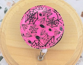 hot pink Halloween badge reel for teachers, spider badge holder for office, boo basket stuffers for nurse, Halloween nurse gifts for women