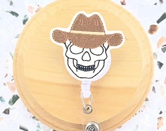 Porta credenciales con calavera de vaquero para técnicos de rayos X, accesorios espeluznantes para enfermeras, clip para credenciales de mujer, regalos para futuras enfermeras, porta credenciales de Halloween para las fiestas