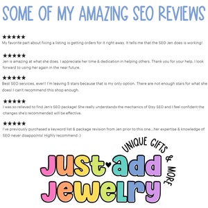 Op de afbeelding: Vijf sterren reviews voor Etsy SEO-diensten van tevreden klanten. De reviews benadrukken de effectiviteit van de SEO-diensten en de expertise van de dienstverlener, Jen. De reviews vermelden dat bestellingen direct binnenkomen, de tijd en toewijding van de dienstverlener worden gewaardeerd en dat men vertrouwen heeft in de aanbevolen wijzigingen.