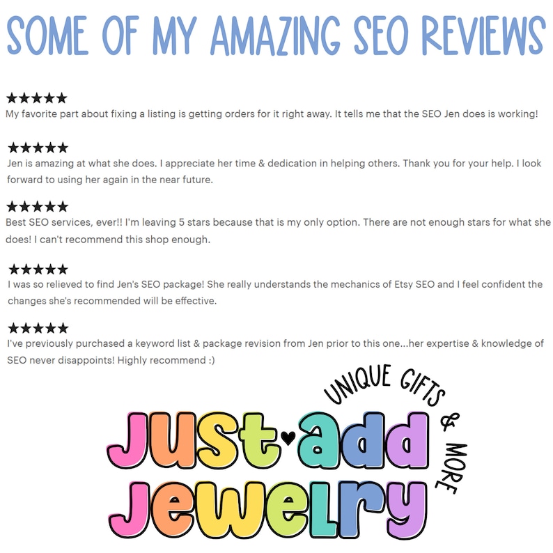 Op de afbeelding: Vijf sterren reviews voor Etsy SEO-diensten van tevreden klanten. De reviews benadrukken de effectiviteit van de SEO-diensten en de expertise van de dienstverlener, Jen. De reviews vermelden dat bestellingen direct binnenkomen, de tijd en toewijding van de dienstverlener worden gewaardeerd en dat men vertrouwen heeft in de aanbevolen wijzigingen.