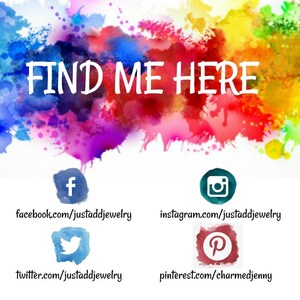 May include: A colorful watercolor background with the text "FIND ME HERE" in white. Below the text are social media icons and links for Facebook, Instagram, Twitter, and Pinterest.