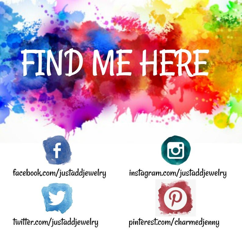 May include: A colorful watercolor background with the text "FIND ME HERE" in white. Below the text are social media icons and links for Facebook, Instagram, Twitter, and Pinterest.