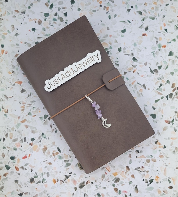 amethyst gemstone journal charms with clasp, witchy gifts for her, silver moon charms for journal, travelers notebook charms, crown chakra