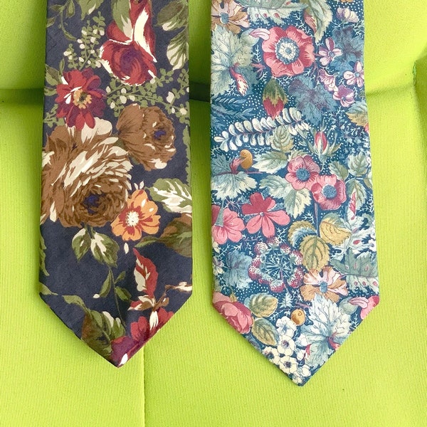 Pair of Cotton Floral Neckties / Summer Ties with Flowers Garden Necktie Pair / Birthday for Him