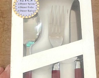 Vintage Burgundy Plastic Handled Stainless Flatware Set NOS NIP 12 Piece Set New In Box