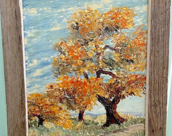 Vintage Autumn Tree Original Oil Painting in Rustic Wood Frame