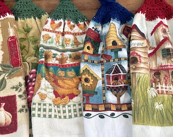 Vintage Unused Country and Classic Hanging Dish Towel with Crocheted Wrap-Around Sold in Pairs and Trios