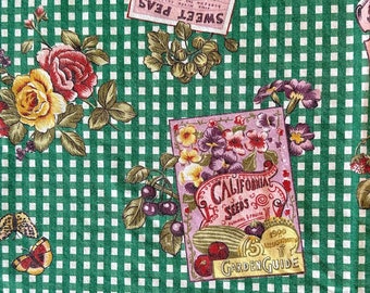 Happy Green Gingham Floral Tablecloth with Lavender and Pink Flower Seed Packet Illustrations: Faded But So Darling!