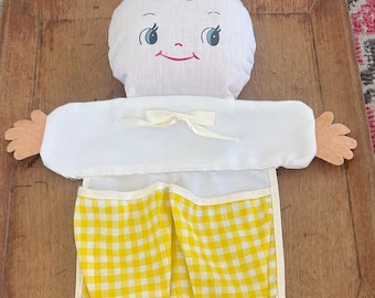 Vintage Baby or Toddler Sock or Shoe Holder in Yellow Gingham with Stuffed Happy Face to Hang