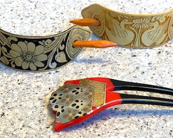Vintage Carved Wood Hair Barrettes with Red Lacquered Hair Fork, Set of 3