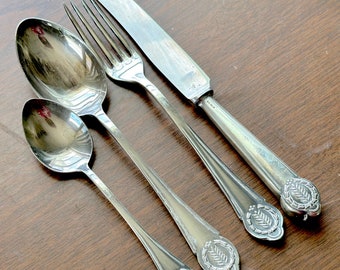 Tahara Flatware Four Piece Set with Ivy Circling Tree on Handle / Tahara Dinner Fork, Tablespoon, Teaspoon, and Butter Knife