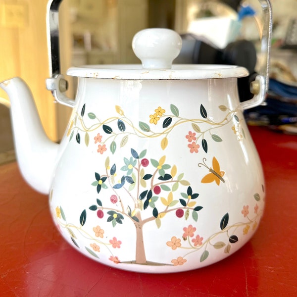 Perfectly Imperfect Vintage Etched Enamel Tea Kettle with Trees and Butterflies