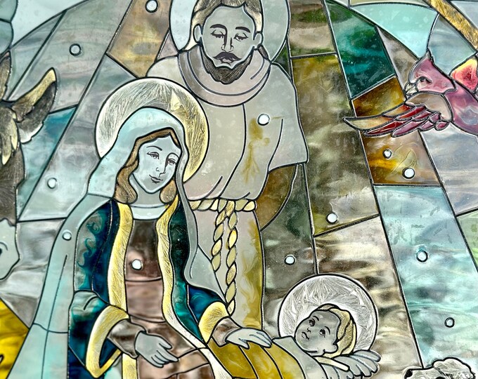 Vintage Stained Glass Nativity Scene / Hanging Woodland Nativity in Snow at Night Etsy