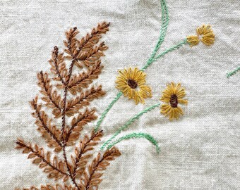 Vintage Embroidered Card Table Cover Linen with Yellow and Brown Flowers 30" Square