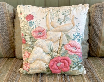 Large Quilted and Stuffed Throw Pillow with Peacocks and Flowers