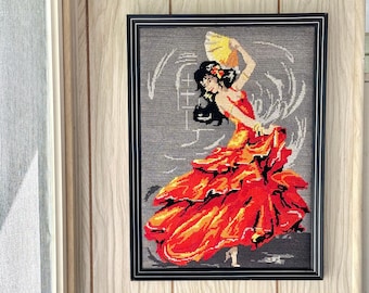 Vintage Framed Crewel Embroidery of Spanish Dancer