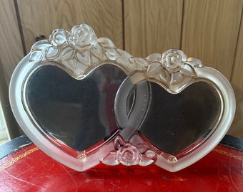 Sweet Frosted Glass Heart Frame for Two Photos / Linked Hearts with Roses in Glass