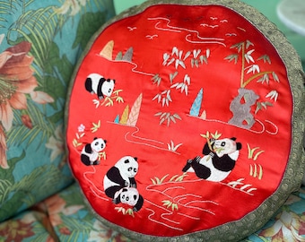 Round Vintage Asian Sofa Pillow Satin with Embroidered Pandas