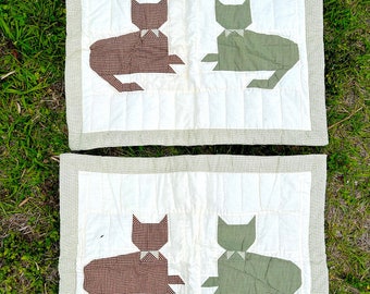 Pair of Vintage Quilted Cat Pillow Shams, Cotton