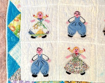 Vintage Handmade Baby Quilt Or Nursery Wall Hanging with Hand Applique and Embroidery