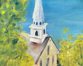Lovely Vintage Original Oil Painting of Church Steeple Amid Spring-Green Leafy Tree Tops and Blue Blue Sky