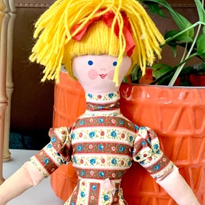 Retro Cloth Doll with Blonde Hair and Calico Dress / Adorable Cut and Sew Doll for Accent Pillow, Booth or Shop Display, or Doll Lover Gift