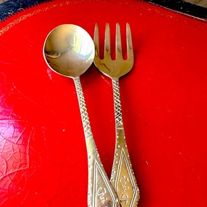 Vintage Brass Salad Tongs / Gorgeous Vintage Etched Brass Serving Fork and Spoon, So Unique