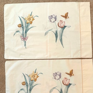 Vintage Tulip, Lily, and Butterfly Pillowcase Pair / Botanical Bedding / Standard Size Pillowcases