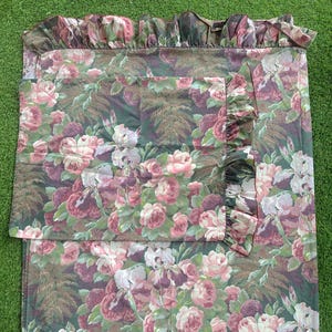 Striking Vintage Floral Twin Flat Sheet in Deep Greens and Pinks with Ruffles and Matching Pillowcase