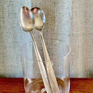 May include: Two silver spoons with wheat designs on the handles are placed upright in a clear glass vase.